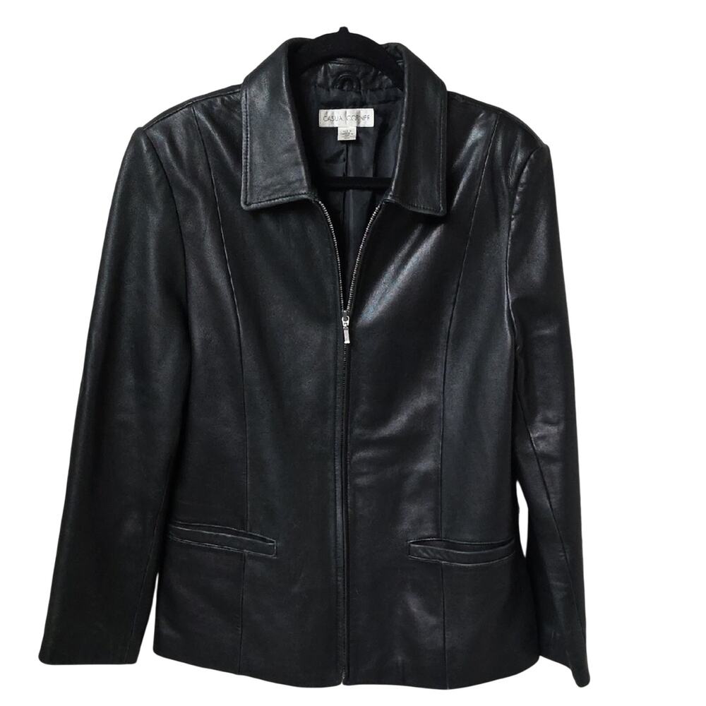 Casual Corner Vintage Black Soft Leather Full Zip Jacket Womens Size Large